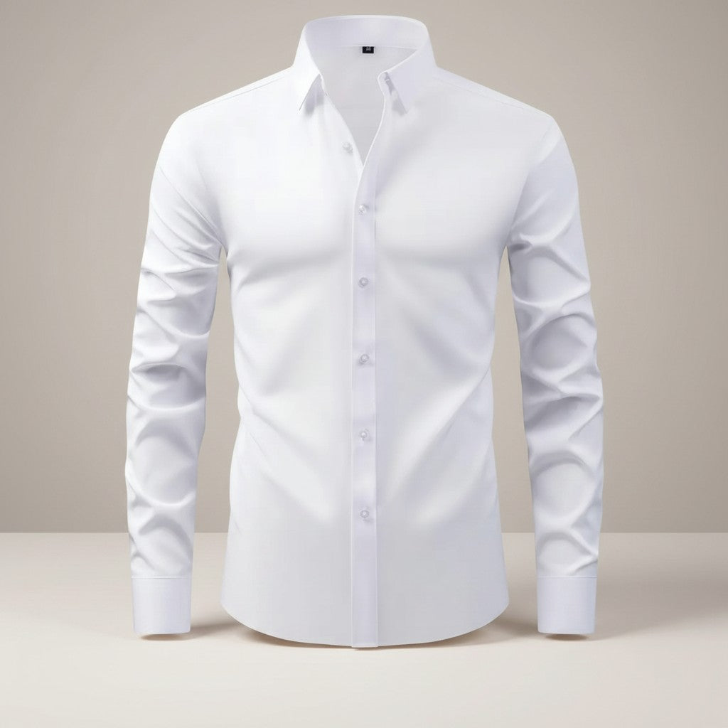 Silvorne men's white slim-fit long-sleeve dress shirt with textured sleeves and button-down closure.