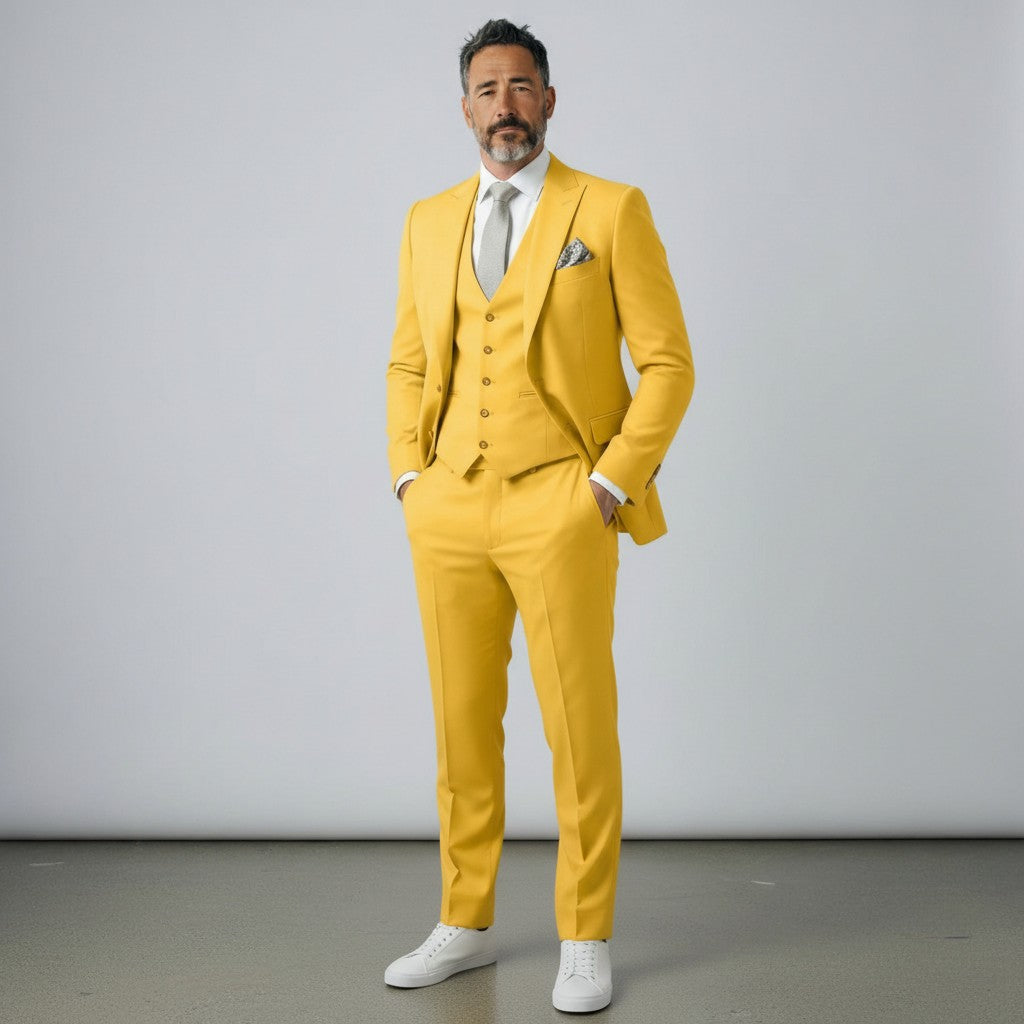 Silvorne men's yellow three-piece suit with single-breasted one-button jacket, waistcoat, and tailored trousers. Features peak lapels and a patterned pocket square.