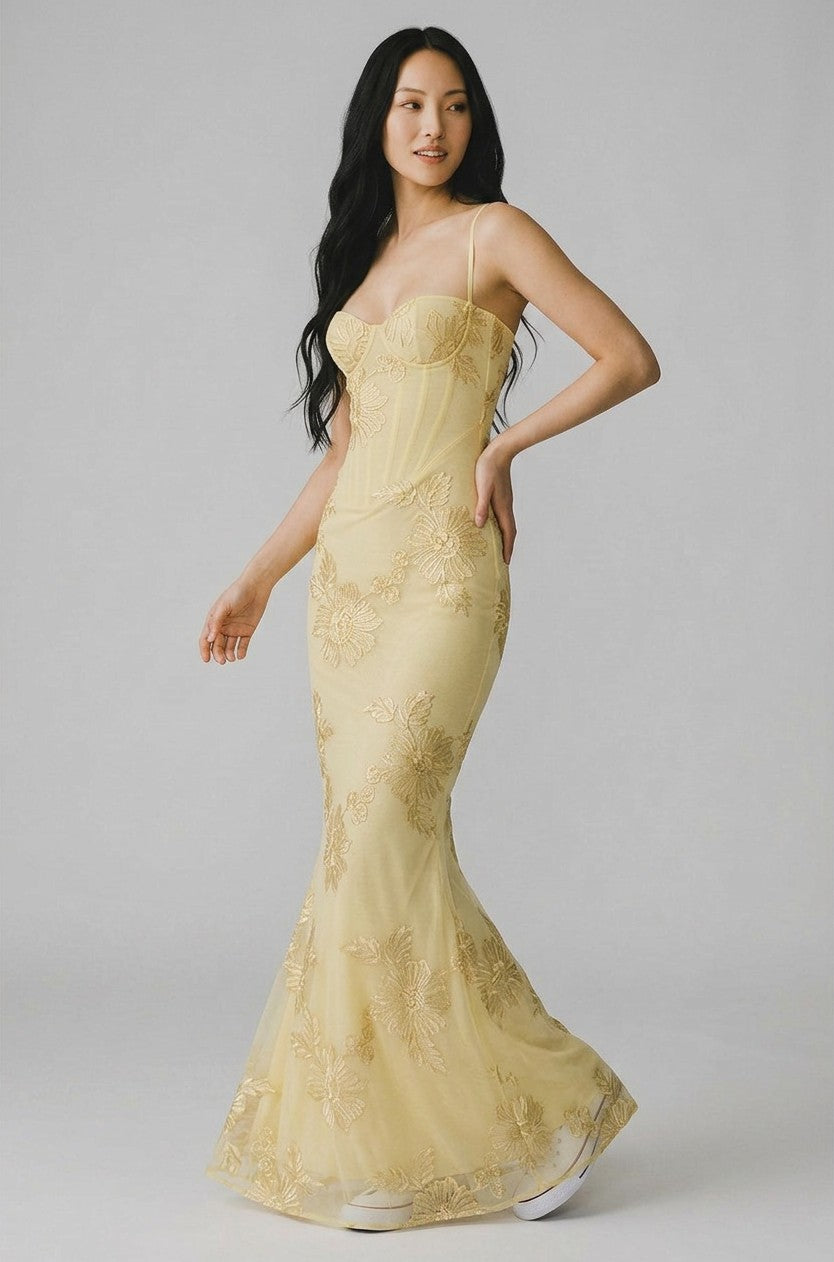 Women's Floral Embroidered Corset Gown | Elegant Spaghetti Strap Mermaid Dress 4