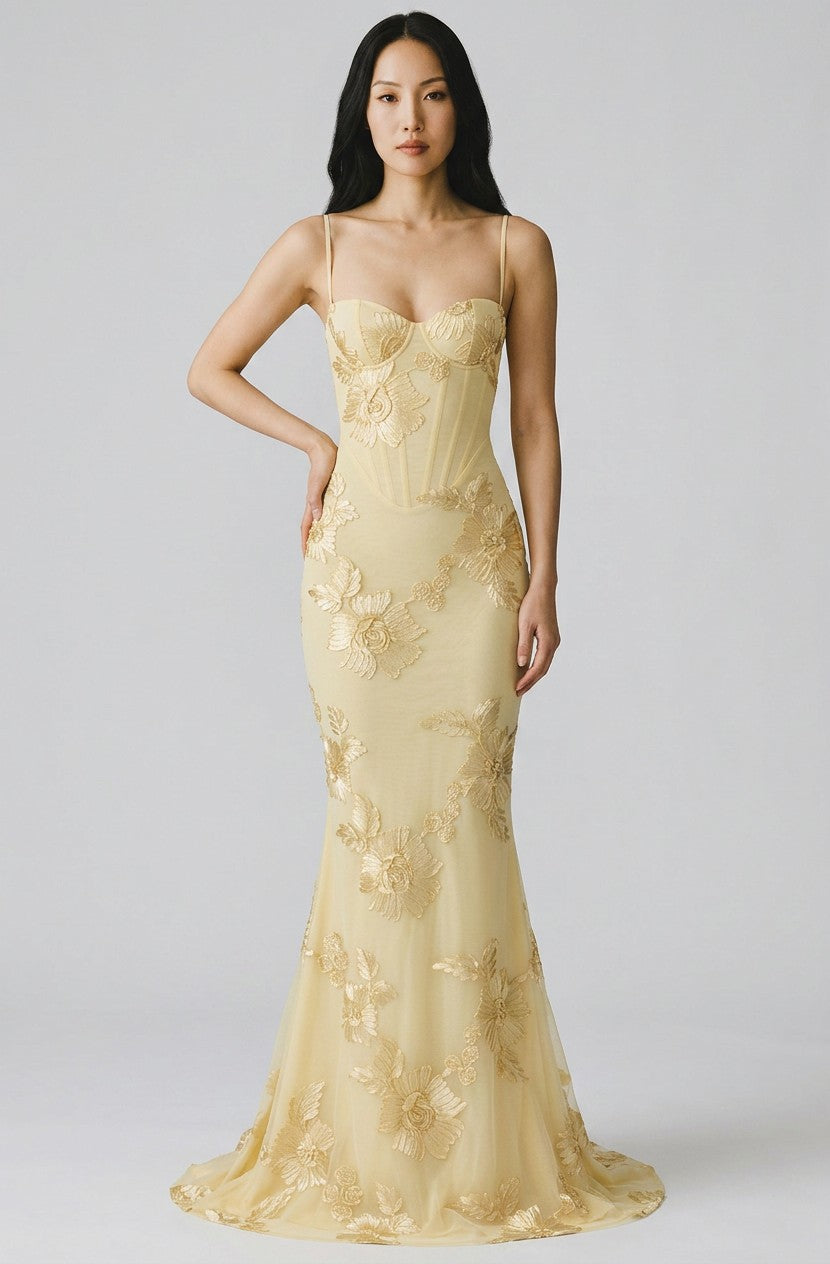 Women's Floral Embroidered Corset Gown | Elegant Spaghetti Strap Mermaid Dress 1