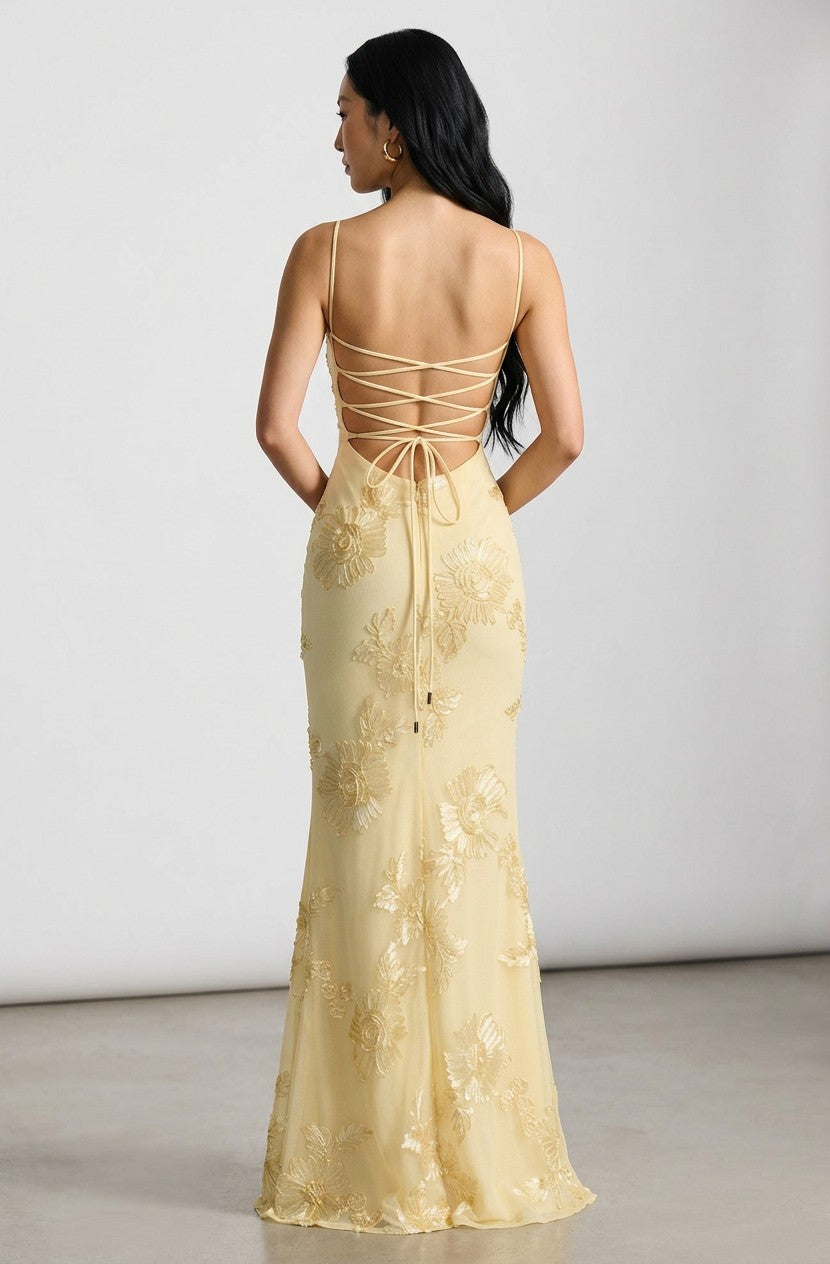 Women's Floral Embroidered Corset Gown | Elegant Spaghetti Strap Mermaid Dress 3