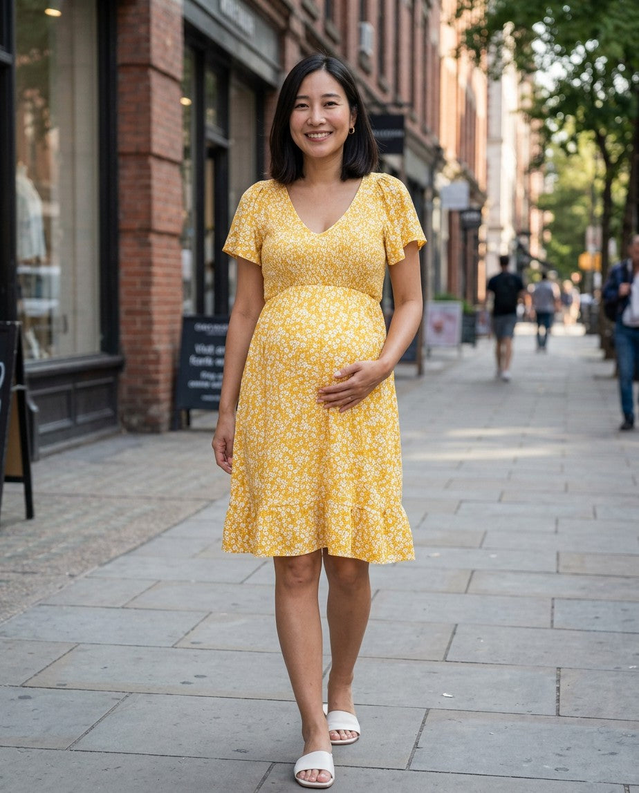 Women's Soft Floral Maternity Dress | Elegant Flutter Sleeve V-Neck Gown for Baby Shower 4