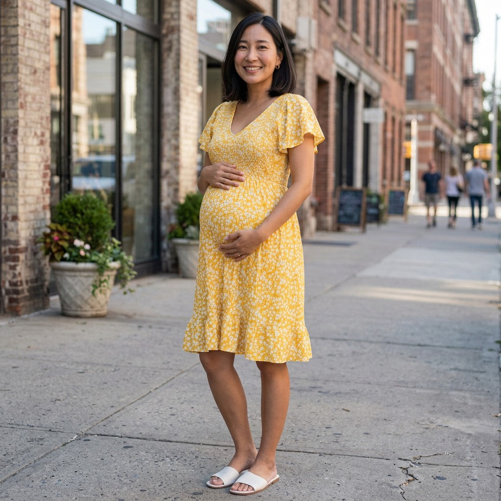 Women's Soft Floral Maternity Dress | Elegant Flutter Sleeve V-Neck Gown for Baby Shower 3