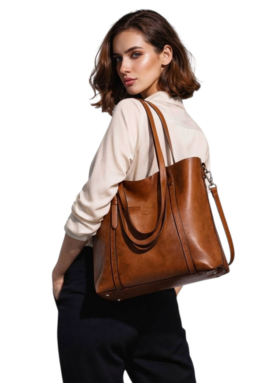Women's Durable Faux Leather Tote Bag | Spacious Cognac Everyday Handbag 3