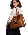 Women's Durable Faux Leather Tote Bag | Spacious Cognac Everyday Handbag 3